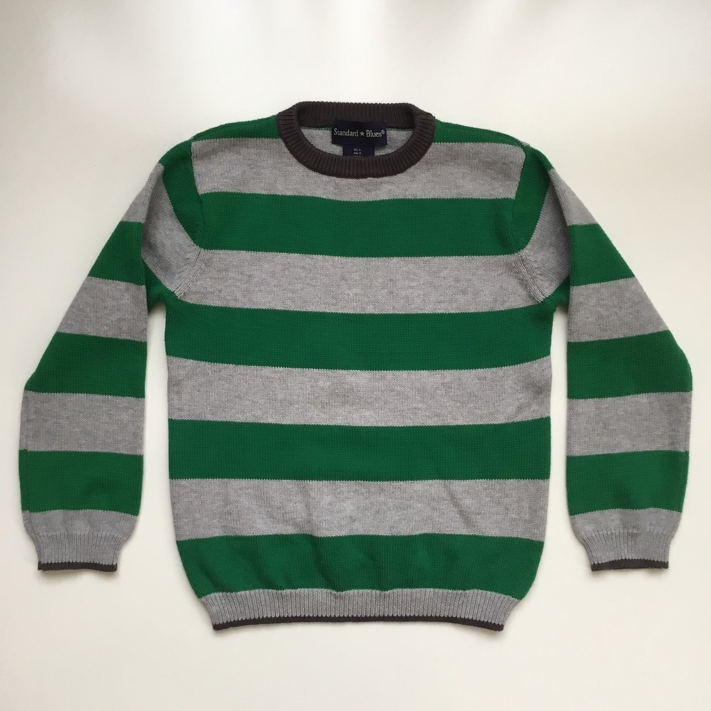 Crew Neck Striped Sweater, Size 5, Green, Gray